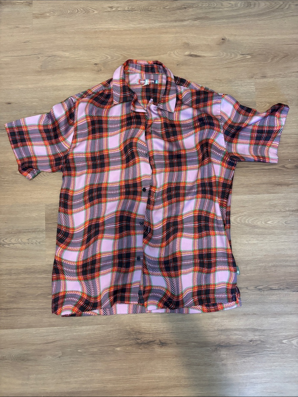 Urban Outfitters Pink Black Orange Plaid Short-Sleeve Button-Down Shirt